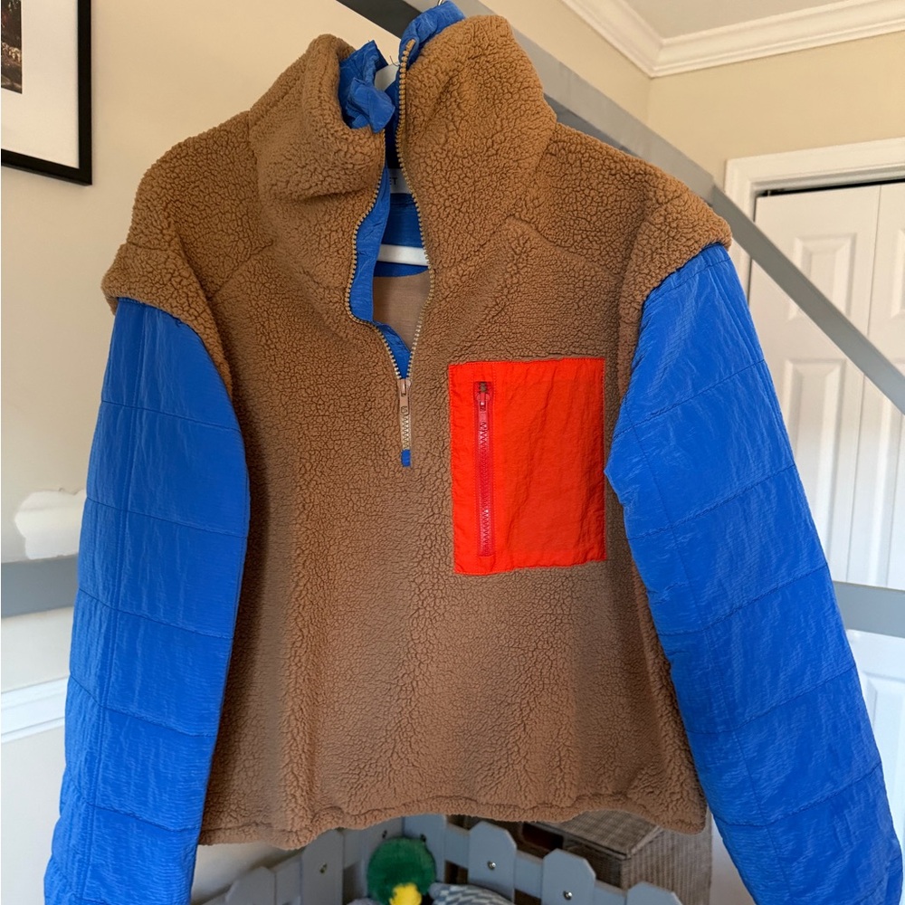 Women's Brown Sherpa Pullover Hoodie with Blue Sleeves and Red Pocket